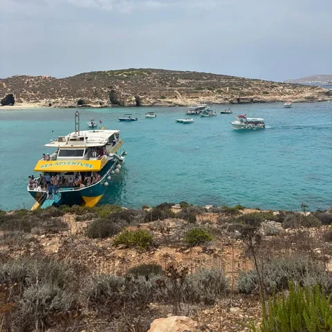 A shared excursion boat moored in the lagoon